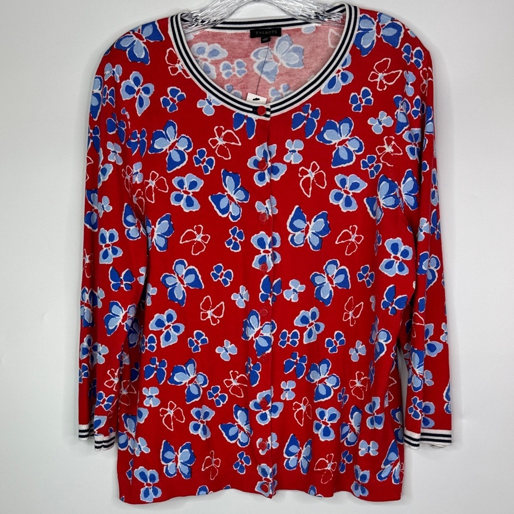 Talbots Red Blue Butterfly Cardigan Sweater Size XL NWT